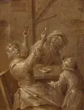 Jan Miense Molenaer, Pair of Grisailles with Groups of three Figures Drinking and Smoking, Oil on panel. Each