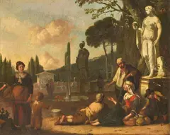 Peasants resting in an Italian square by Johannes Lingelbach, Oil on canvas, offered Nov 2022