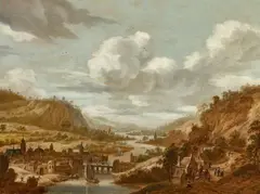 Dirck Verhaert, Panoramic River Landscape with a Town in the Foreground, Oil on panel