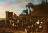 attributed to Jan van Buken, Southern Market Scene with Showmen, Oil on canvas (relined)