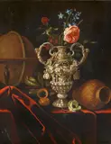 Pieter Gerritsz van Roestraten, Still Life with an Altar Vase, Clay Vase, Globe, Pocket Watch, Flowers and Laurels, Oil on canvas (relined)