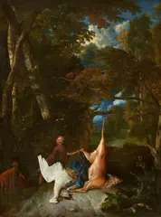 A swan, a deer and other game, in a forest landscape with a huntsman seated beyond by Pieter Gijsels, Oil on copper, sold Nov 2022