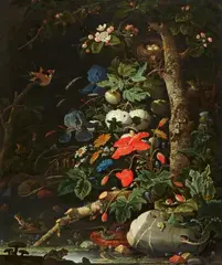 Abraham Mignon, Flowers in a Forest Landscape, Oil on canvas (relined)