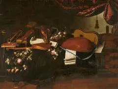 Bartolomeo Bettera, A vanitas still life with musical instruments, musical notebooks and an armillary sphere, Oil on canvas (relined)