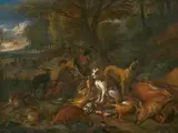Adriaen de Gryeff, A pair of paintings with the Spoils of the Chase: A huntsman and hounds with game including foxes, in a landscape with riders beyond. Hounds guarding game including deer and wild boar, in a landscape with a huntsman seated beyond.