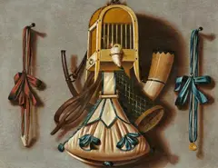 Johannes Leemans, Trompe-l'oeil with a Birdcage and Hunting Equipment, Oil on panel (parquetted)