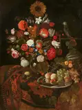 Jakob Rootius, Still Life with Flowers, Fruit and a Parrot, Oil on canvas (relined)