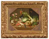 Jan van Kessel the Younger, Still Life with Flowers, Fruit, Fish and Two Cats, Oil on copper