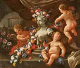 Putti Adorning a Bust with Flowers - Allegory of Sculpture by called Abate Andrea Andrea Belvedere, Oil on canvas (relined), offered Nov 2022
