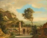 Panoramic Mountain Landscape with a Bridge by Johann Christian Vollerdt, Oil on canvas (relined), sold Nov 2022