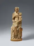 Maasland, A carved wood figure of the Virgin Enthroned, presumably Maasland, 1st half 14th century, Carved three quarters in the round, the reverse flattened. With extensive remains of former polychromy. A figure of the Virgin enthroned designed for a frontal and slightly lowered viewpoint. She holds the Christ Child, who is dressed in a long drapery, standing on Her lap in a striding pose with Her left hand. The work's sculptural quality is dominated by the rendering of the Virgin's cloak, the carefully carved vertical pleats and deep horizontal folds of which form an interesting contrast to the curving drapery of cloth wrapped around Christ. The Child's right arm and head replaced and loosely attached (see comparison photograph). The Virgin's right hand lost, the toes recarved. With vertical hairline cracks, insect damage and wear throughout. Mounted on a newer wooden plinth