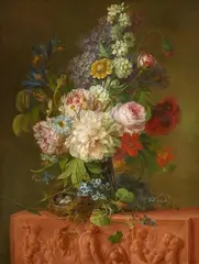 Willem van Leen, Bouquet and Bird's Nest on a Sculpted Plinth, Oil on canvas (relined)