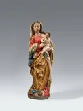 Franconia around 1480 & 1490, A Franconian carved wood figure of the Virgin and Child, circa 1480/1490, Carved three-quarters in the round, the reverse flattened and deeply hollowed out. With partially overpainted older polychromy. Large sculpture designed for a frontal and slightly lowered viewpoint depicting the Virgin holding the nude Christ Child over Her hip. She stands in a gently swaying pose upon a crescent moon with a face. The work's sculptural volume is largely defined by the drapery of the white veil and golden cloak, which fall in thick pleats and folds about the Virgin's body. With vertical hairline cracks. Wear with minor losses to the child's fingers and toes and to the crown