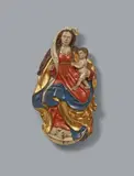 Franconia ca. 1510 & 1520, A Franconian carved wood relief of the Virgin and Child, around 1510/1520, The reverse flattened. With, presumably original, older polychromy, retouched in the blue areas. Pierced relief depicting the Virgin Mary enthroned above a crescent moon, holding the Christ Child standing in Her lap. The sceptre held by the Virgin and the object (bird?) held by Christ lost. A repaired breakage with minor losses to the Virgin's shoulder, backed with canvas. Minor wear throughout