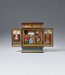 Bavaria ca. 1570, A small Bavarian domestic altar made for Juncker Geirdrut, ca. 1570, Oil on panel, wooden altar frame with presumably original partial older polychromy. This small altarpiece depicts the Adoration of the Magi on its central panel, whilst the side panels show Saints Valerian and Cecilia. The outer panels of the wings are painted with rosettes. A coat-of-arms has been included in the tendril ornament that decorates the upper section of the altarpiece, and the predella is inscribed "IVNCKER GEIRDRVT AVX". Landshut has been suggested as the possible origin of this charming and precious work. Minor retouches to the paintings, especially in the sky section of the central panel. In good overall condition with only minor wear