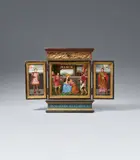Bavaria ca. 1570, A small Bavarian domestic altar made for Juncker Geirdrut, ca. 1570, Oil on panel, wooden altar frame with presumably original partial older polychromy. This small altarpiece depicts the Adoration of the Magi on its central panel, whilst the side panels show Saints Valerian and Cecilia. The outer panels of the wings are painted with rosettes. A coat-of-arms has been included in the tendril ornament that decorates the upper section of the altarpiece, and the predella is inscribed "IVNCKER GEIRDRVT AVX". Landshut has been suggested as the possible origin of this charming and precious work. Minor retouches to the paintings, especially in the sky section of the central panel. In good overall condition with only minor wear