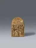 A brass plaque with the Entombment, presumably South German, third quarter 16th century by Probably South German 3rd quarter 16th century, Cast, engraved and gilded bronze. Devotional work depicting Christ's body upon the sarcophagus surrounded by the Virgin,, offered Nov 2022