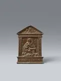 A 16th century pax, presumably North Italian by Probably Northern Italy 16th century, Cast, chased and patinated bronze. The floral handle attached with solder. Pax panel of architectural design depicting t, offered Nov 2022