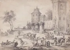 Pieter Bout, Market Scene before a Fortified Village on a River Bank, Pen in black and brush in grey on laid paper