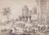 Pieter Bout, Market Scene before a Fortified Village on a River Bank, Pen in black and brush in grey on laid paper