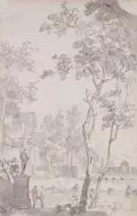 Isaac de Moucheron, View of a Stately Southern Park, Brush in grey