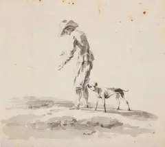Salvator Rosa, Figure Study with a Dog, Brush in grey over pencil
