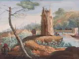 Bernardino Giuseppe Bison, Fantasy landscape with River, a Monument and Anglers, Watercolour and gouache on paper