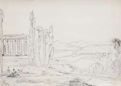 Ferdinand Kobell, Landscape with Temple and Figures, Pencil and black ink on paper
