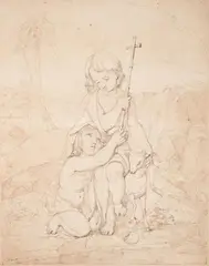 Franz Nadorp, The infants Jesus and Saint John, Pen and brush in brown over pencil on paper