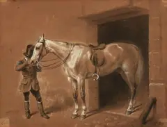 Franz Krüger, Rider with Saddled Horse, Chalk in black and white on tinted paper