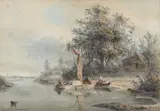 Arie Ketting de Koningh, River Landscape with Two Boats and House, Watercolour
