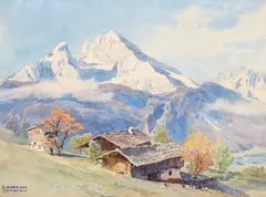 Edward Harrison Compton, Berchtesgaden landscape with a view of the Watzmann mountain, Watercolour on paper