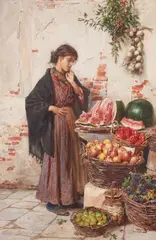 Ludwig Passini, Young Italian Lady at a Fruit Stall, Watercolour