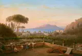 Wilhelm Brücke, Landscape with Dancing Peasants by the Bay of Naples, Oil on paper, mounted on card