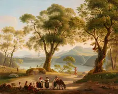 Michelangelo Pacetti, Italian Landscape with a Lake and Shepherds, Oil on canvas