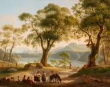 Michelangelo Pacetti, Italian Landscape with a Lake and Shepherds, Oil on canvas