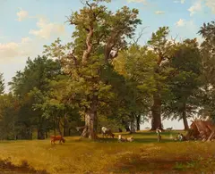 Josef Feid, Forest Landscape with Shepherds and Cattle, Oil on paper, mounted on canvas