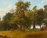 Josef Feid, Forest Landscape with Shepherds and Cattle, Oil on paper, mounted on canvas