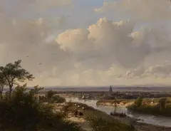 Andreas Schelfhout, River Landscape with a Village, Oil on panel