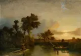 Salomon Leonardus Verveer, Evening Landscape with Children Fishing, Oil on canvas (relined)