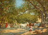 Victor Huguet, Bedouins Resting under the Trees, Oil on panel