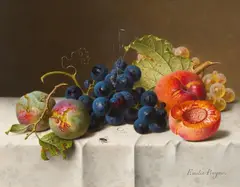 Emilie Preyer, Still Life with Plums, Grapes and Peaches on a White Tablecloth, Oil on canvas