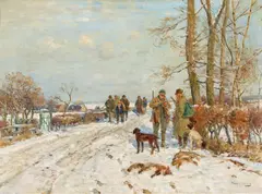 Hugo Mühlig, Hunters in a Winter Landscape, Oil on canvas