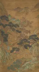 in the manner of Qiu Ying, Qiu Ying (1494-1552), in the manner of, Figures in the mountains. Hanging scroll. Ink and colours on silk, in blue-and-green style. Inscribed: Shifu Qiu Ying, two seals, including Qiu Ying. Three collector's seals: Tianlai ge and two others (illegible). Tianlai ge was the name of the library of the well-known painter and collector Xiang Yuanbian (1524-1590)