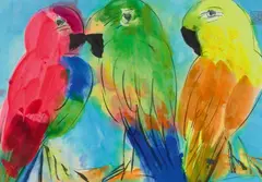 Untitled Walasse Ting, Walasse Ting (1929–2010), Untitled (Three parrots), Untitled (Three parrots). Ink and colours on paper. Sealed Caihua Dadao (Thief who steals flowers). Matted, framed and glazed