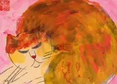 Untitled Walasse Ting, Walasse Ting (1929–2010), Untitled (Cat), Untitled (Cat). Ink and colours on paper. Sealed Caihua Dadao (Thief who steals flowers). Matted, framed and glazed
