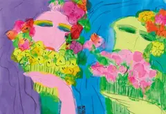 untitled (Two Women with flowers). Walasse Ting, Walasse Ting (1929–2010), untitled (Two Women with flowers)., Untitled (Two Women with flowers). Ink and colours on paper. Sealed Caihua Dadao (Thief who steals flowers)