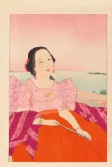 Paul Jacoulet, Portrait of a Chamorro women with fan, Dressed in a pink blouse and orange skirt. Sign. in pencil: Paul Jacoulet. Baren-shaped seal: Jakurei. [Block carver not identified: Yamagishi Kazue or Maeda Kentarô.] Printer: Ogawa Fusakichi. Publisher: Kato Junji. First edition (without title): 13/150. 1934. Fine impression, very good colours, silver, browned on verso (bleeding to front), traces of former mounting in corners verso, lower and right margins trimmed, lower right corner reattached