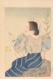 Paul Jacoulet, Portrait of a Chamorro woman in an indigo-coloured dress, Sitting, seen on the back. Sign. in pencil: Paul Jacoulet. Baren-shaped seal: Jakurei. [Block carver not identified: Yamagishi Kazue or Maeda Kentarô.] Printer: Ogawa Fusakichi. Publisher: Kato Junji. First edn. (without title): 13/150. 1934. Fine impression, colours slightly un-fresh, silver, browned on verso (bleeding to front), production holes in upper left and lower left corners, creases in margin, lower margin somewhat trimmed, traces of former mounting in corners verso (stains, thin areas)