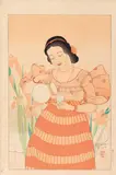 Paul Jacoulet, Portrait of a Chamorro woman in an orange dress, Pouring herself something to drink. Sign. in pencil: Paul Jacoulet. Baren-shaped seal: Jakurei. Watermark: JP. Jakurei. [Block carver not identified: Yamagishi Kazue or Maeda Kentarô.] Printer: Ogawa Fusakichi. Publisher: Kato Junji. First edition (without title): 15/150. 1934. Fine impression, blind printing, colours slightly un-fresh, browned, flattened folds, slightly soiled, oxidized spots, production holes in upper left and lower left corners, hole in lower left corner, lower and right margins trimmed, traces of former mounting on upper margin verso